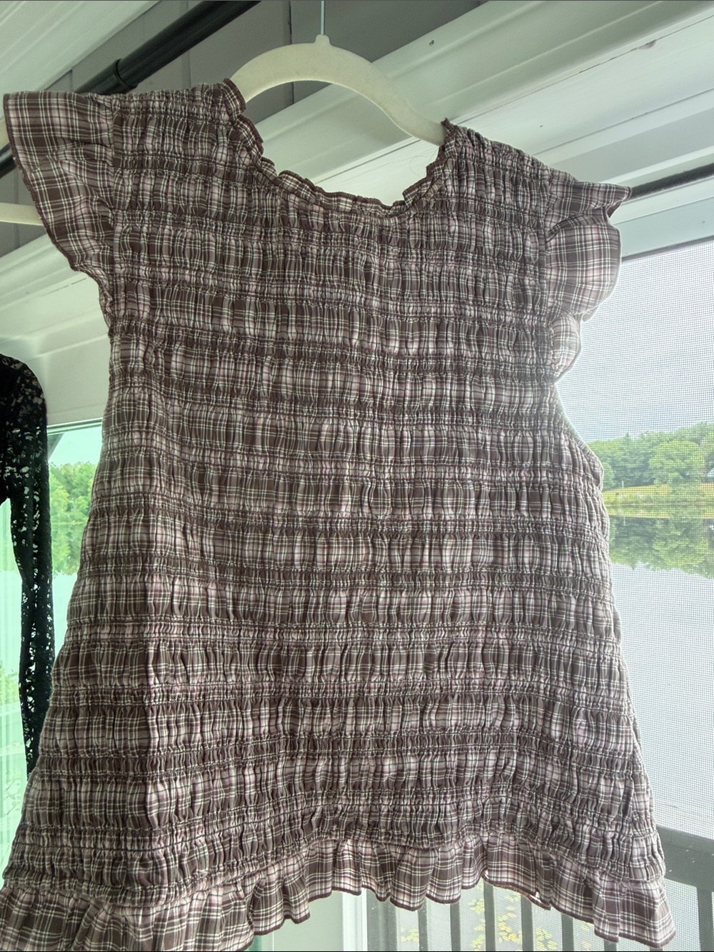 Abercrombie & Fitch Mauve Plaid Smocked Ruffle-Hem Top